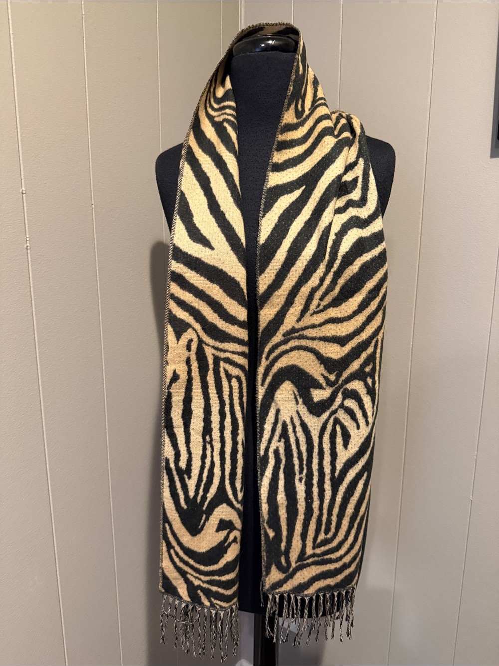 Cashmink Acrylic Zebra-Print Fringe Wrap Scarf in Black and Tan